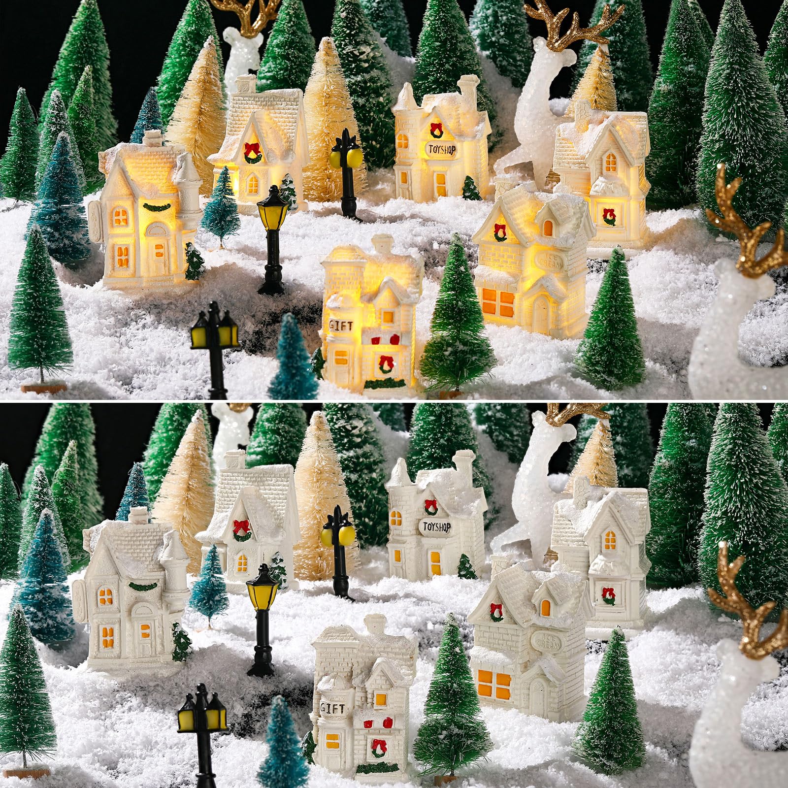 Photo 1 of Kasyat 50 Pcs Winter Village Sets Christmas Village Town Accessories LED Lighted White Houses Mini Tree Crafted Resin House Collectable Deer for Winter Christmas Wonderland Party Home Decoration