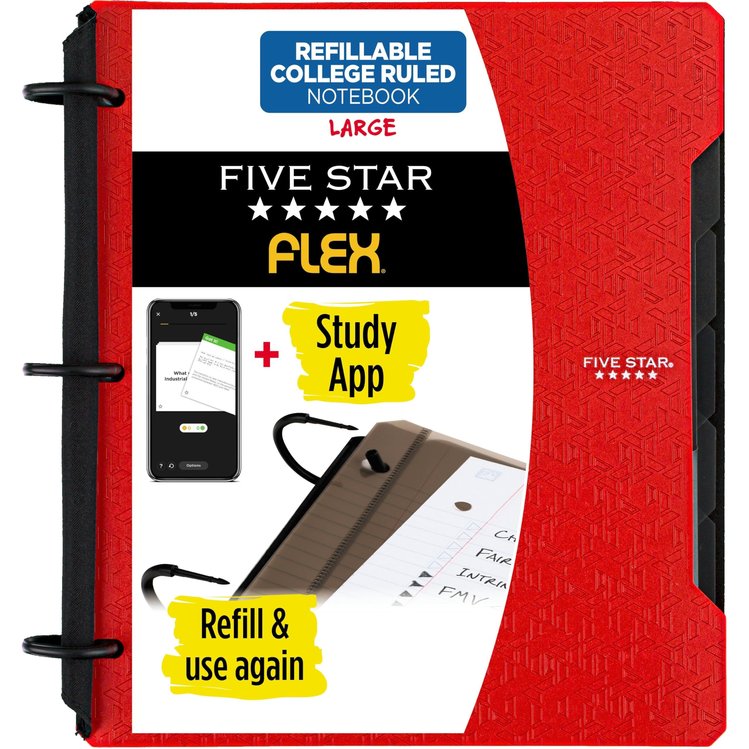 Photo 1 of Five Star Flex Refillable Notebook + Study App, College Ruled Paper and 1 Inch TechLock Ring Binder with Pockets, Tabs and Dividers, 200 Sheet Capacity, Fire Red (29328AB2)
