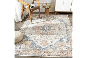 jinchan Area Rug 5x7 Washable Rug Vintage Rug Indoor Floor Distressed Carpet Orange Multi Thin Rug Chenille Mat Accent Rug Lightweight Non Slip Kitchen Living Room Bedroom Dining Room