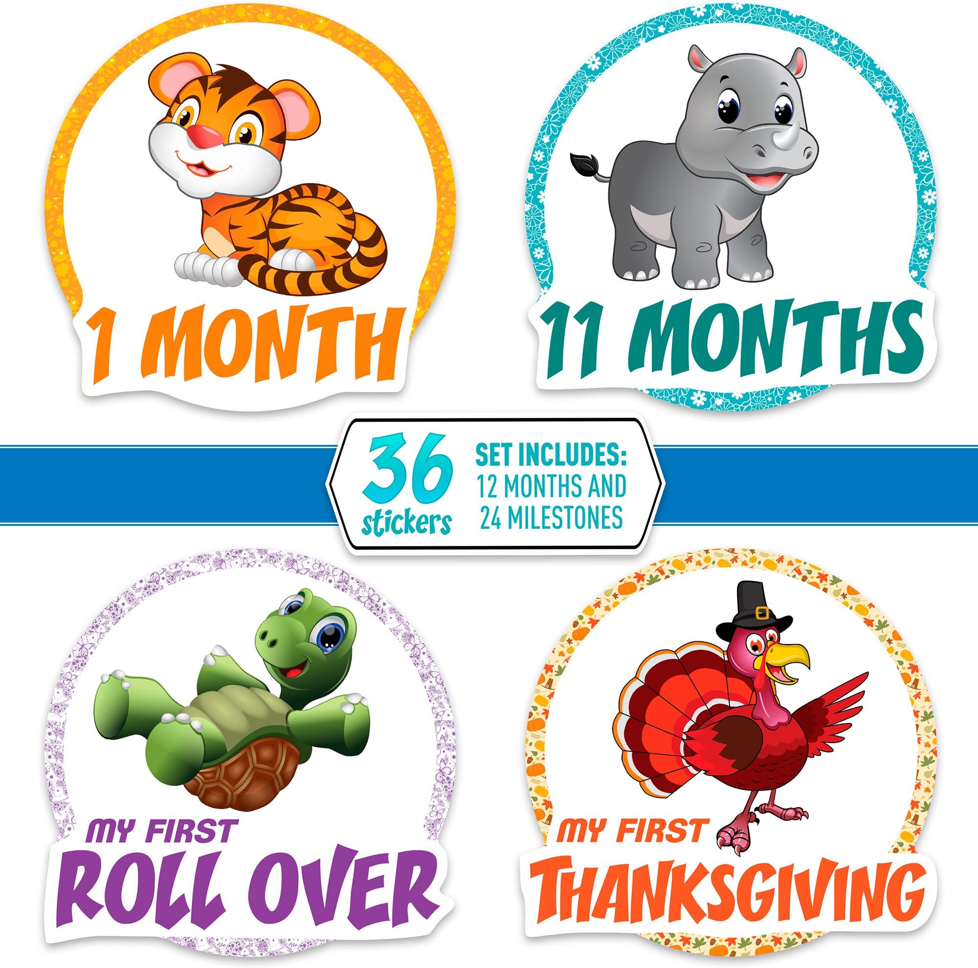 36 Pack of Baby Monthly Stickers: Includes 12 Month Stickers and 24 Milestone Stickers. Perfect for Baby Boy or Girl