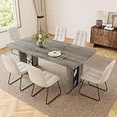 HIPIHOM 7-Piece Dining Table Set for 6, Grey Table with 6 PU White Chairs | Thick MDF Tabletop, Rectangle Kitchen Table Set with Metal Legs for Breakfast Nook, Dining Room, Kitchen, Apartment