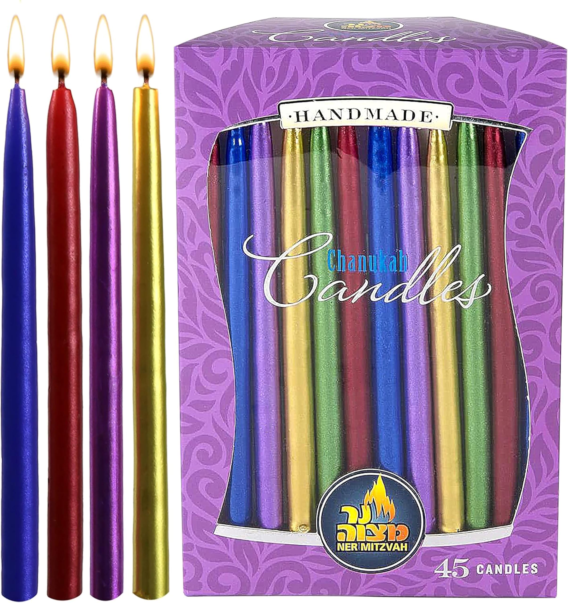 Dripless Chanukah Candles Standard Size - Metallic Multi Colored Hanukkah Candles Fits Most Menorahs - Premium Quality Wax - 45 Count for All 8 Nights of Hanukkah - by Ner Mitzvah