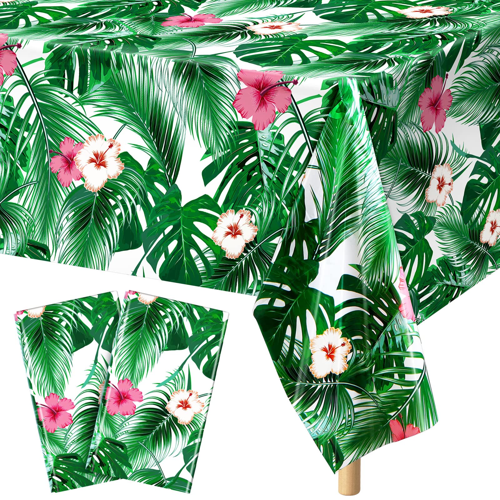 Photo 1 of durony 2 Packs Hawaii Palm Leaves Plastic Tablecloths Table Cover 54 x 108 Inches Plastic Hawaii Luau Party Table Cloth Cover for Hawaii Luau Birthday Summer Tropical Party Supplies
