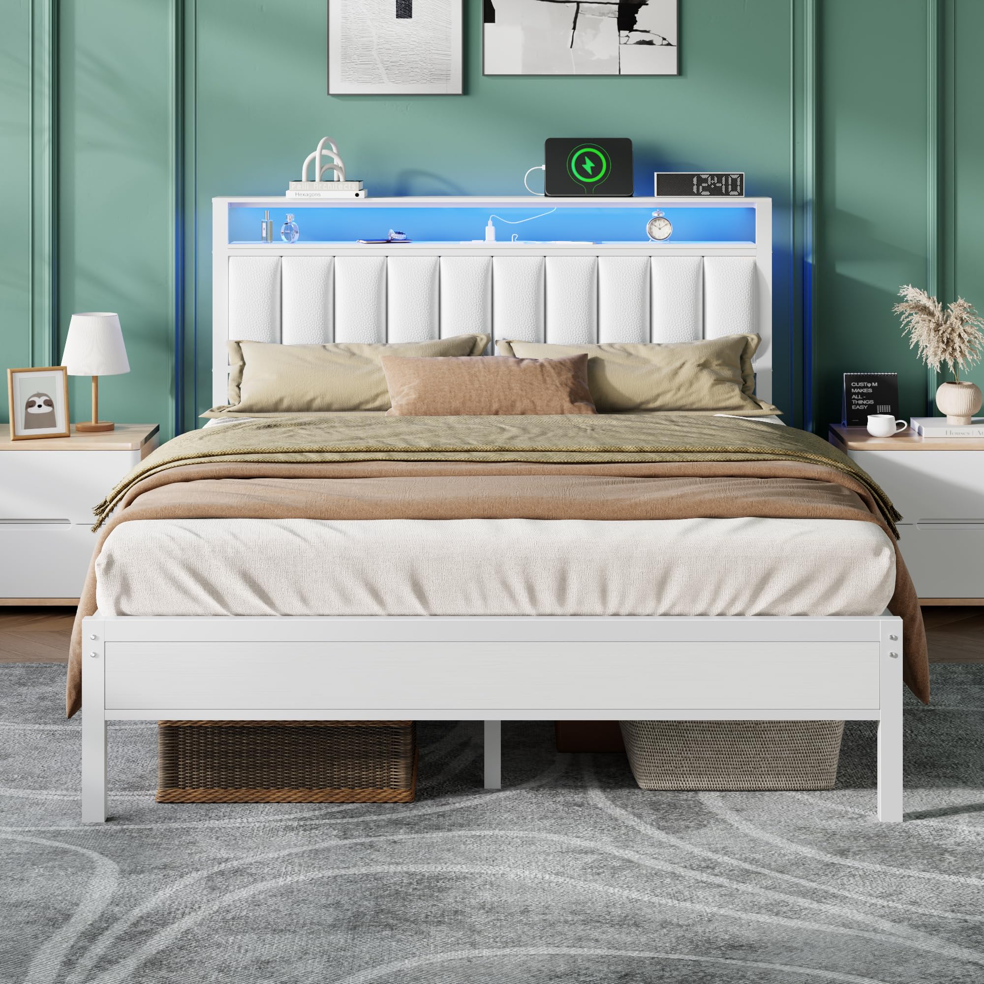 Photo 1 of **SIMILAR ITEMS**Furnulem White Queen Bed Frame with Charging Station & Led Lights, Pu Leather Upholstered Headboard W/ 2-Tier Storage Shelves, No Box Spring Needed, Metal Slat Support, Solid And Stable, Easy Assembly