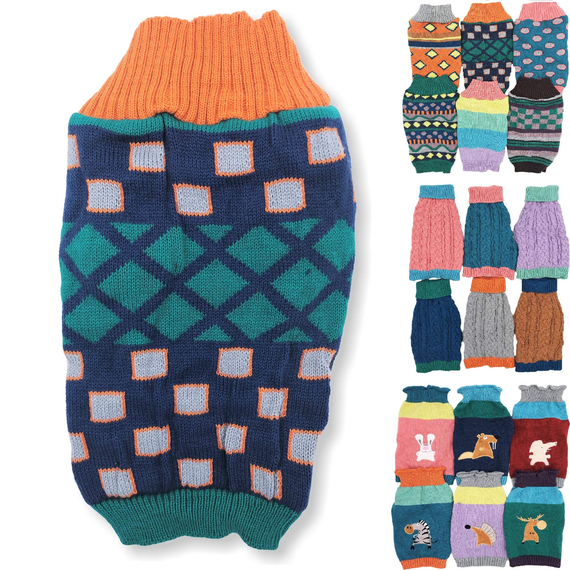 Dog Sweater Knitted Fashion Warm Soft Winter Clothes for Small Large Pet Cat Puppy (XS: Length - 10", Blue Squares)