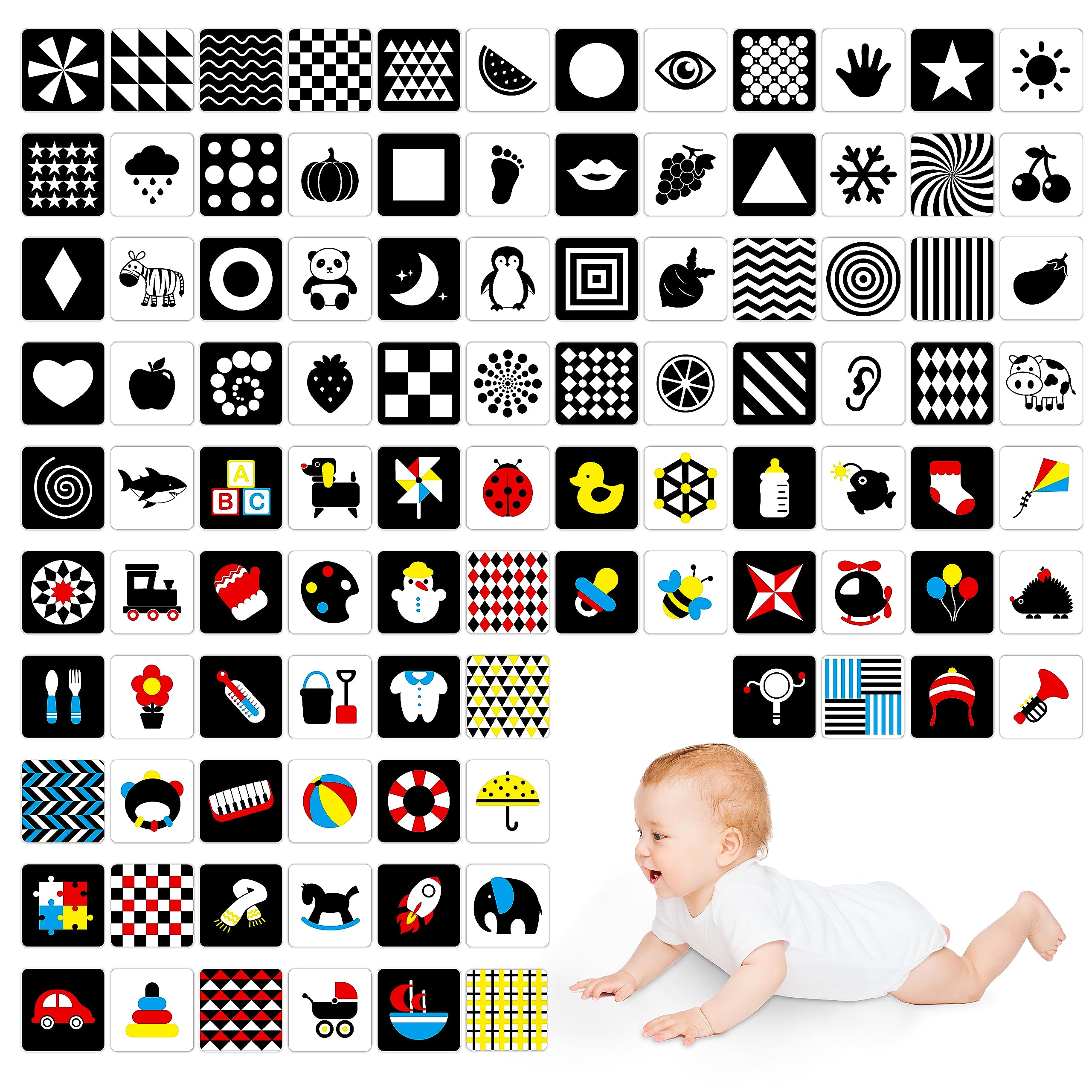 Photo 1 of 100 Pages Black White Colorful Baby Visual Stimulus Flashcard, 50 PCS High Contrast Baby Flashcards Sensory Toys for Newborn Infant Gift (2 Levels 0-6 Months, 5.5” X 5.5”)