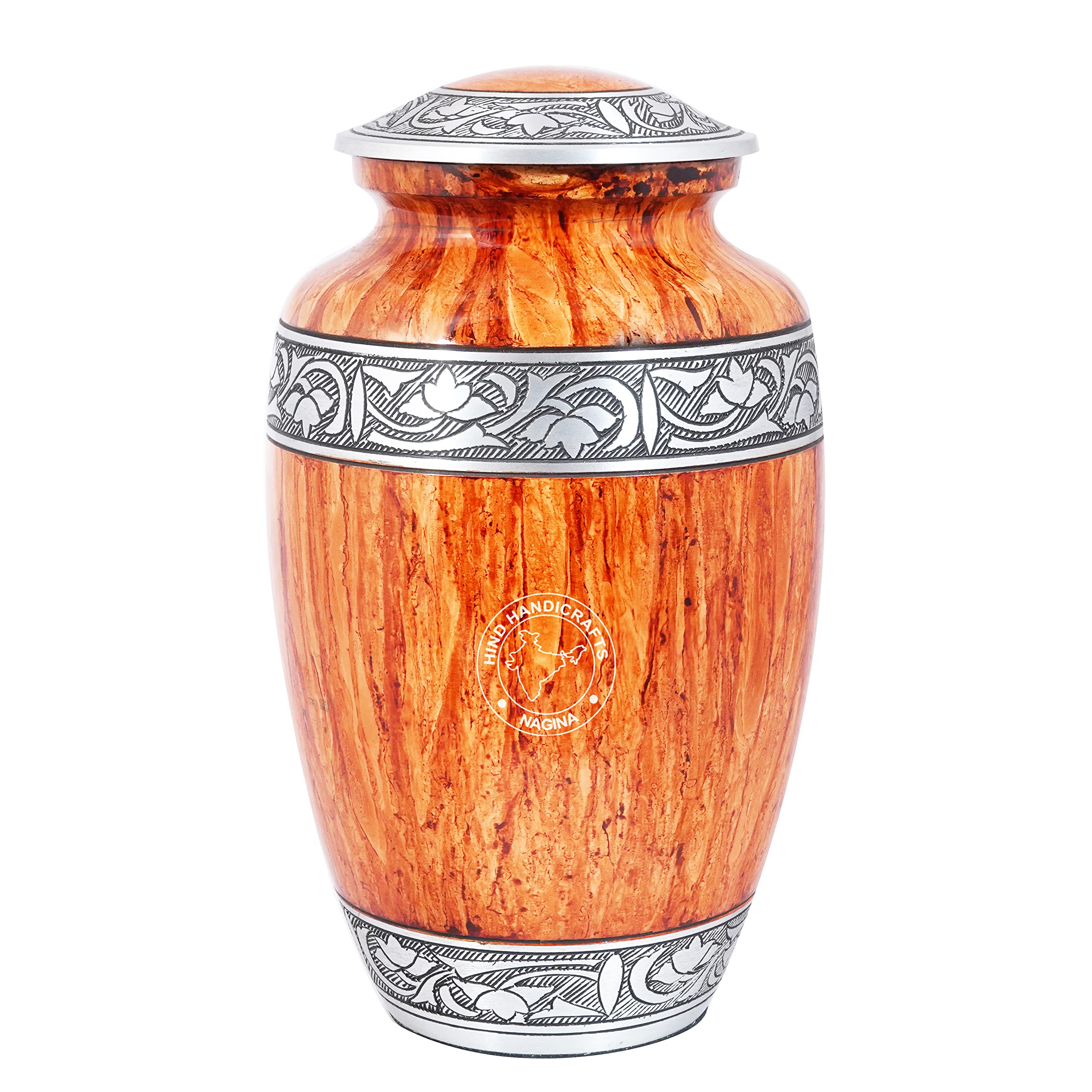 Floral Silver Engraved Handcrafted Cremation Urn for Human Ashes – Large Decorative Adult Memorial Burial Urn with Secure Metal Finish - 7.5" x 7.5" x 9.5"-200lbs or 91kg - Bag Included (Light Brown)