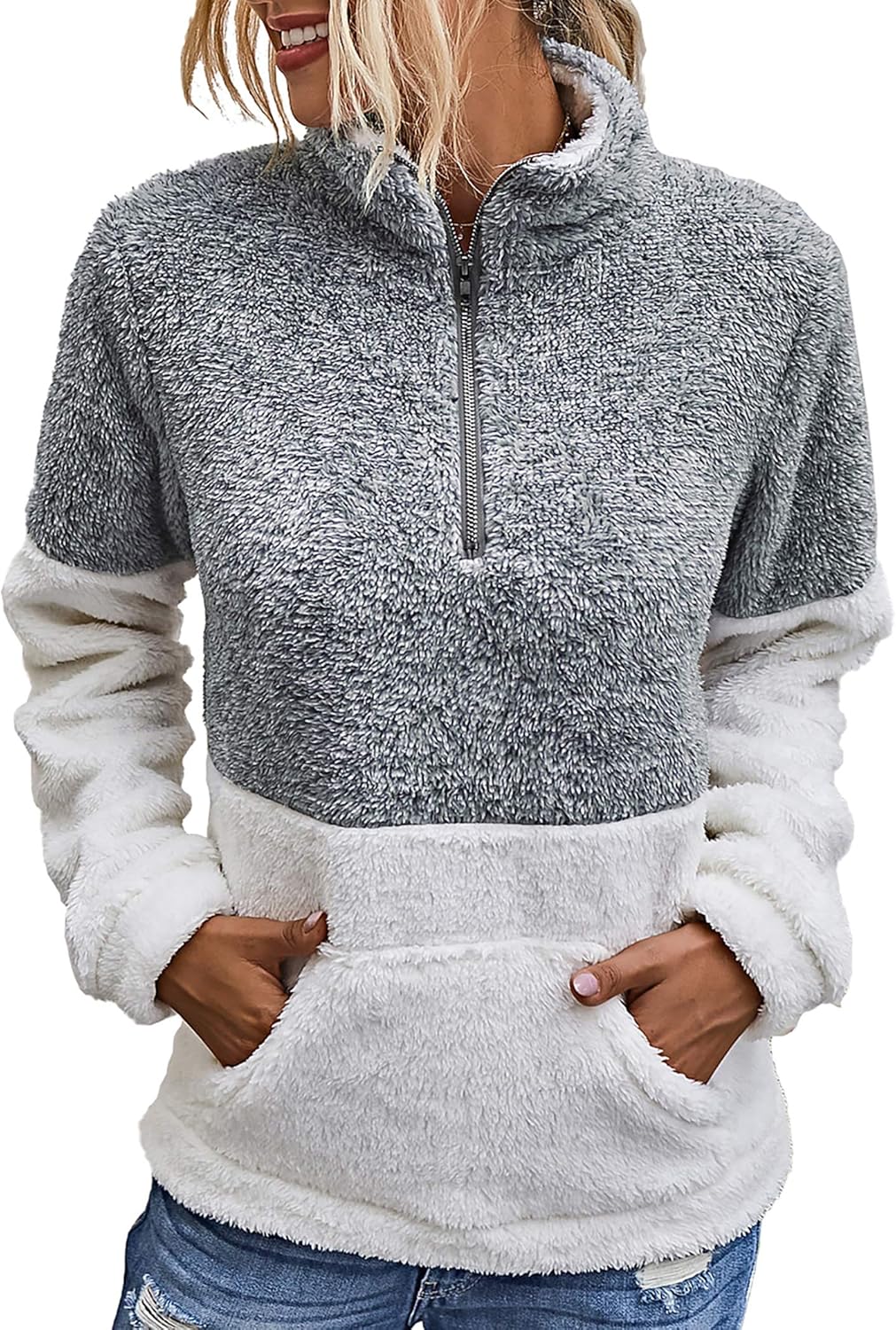 BTFBM Womens Sherpa Pullover Quarter Zip Long Sleeve Fluffy Soft Fleece Jackets Sweaters