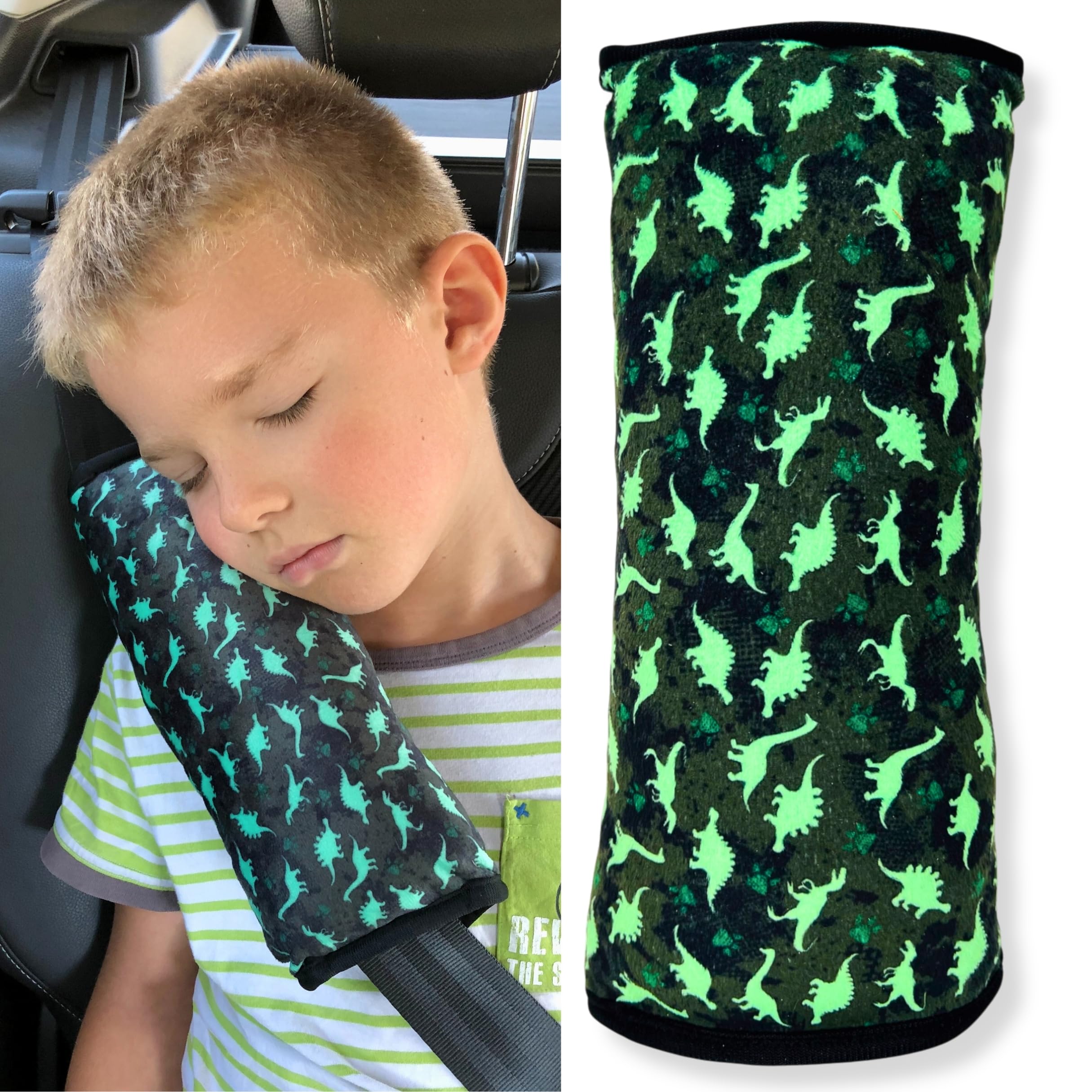 HECKBO car seat Travel Pillow for Children Kids - Machine Washable - car Seatbelt Pillow Cover Pillows Protection car Pillow, Vacation Harness Pads - 11.81” x 4.72" (Dinosaur)