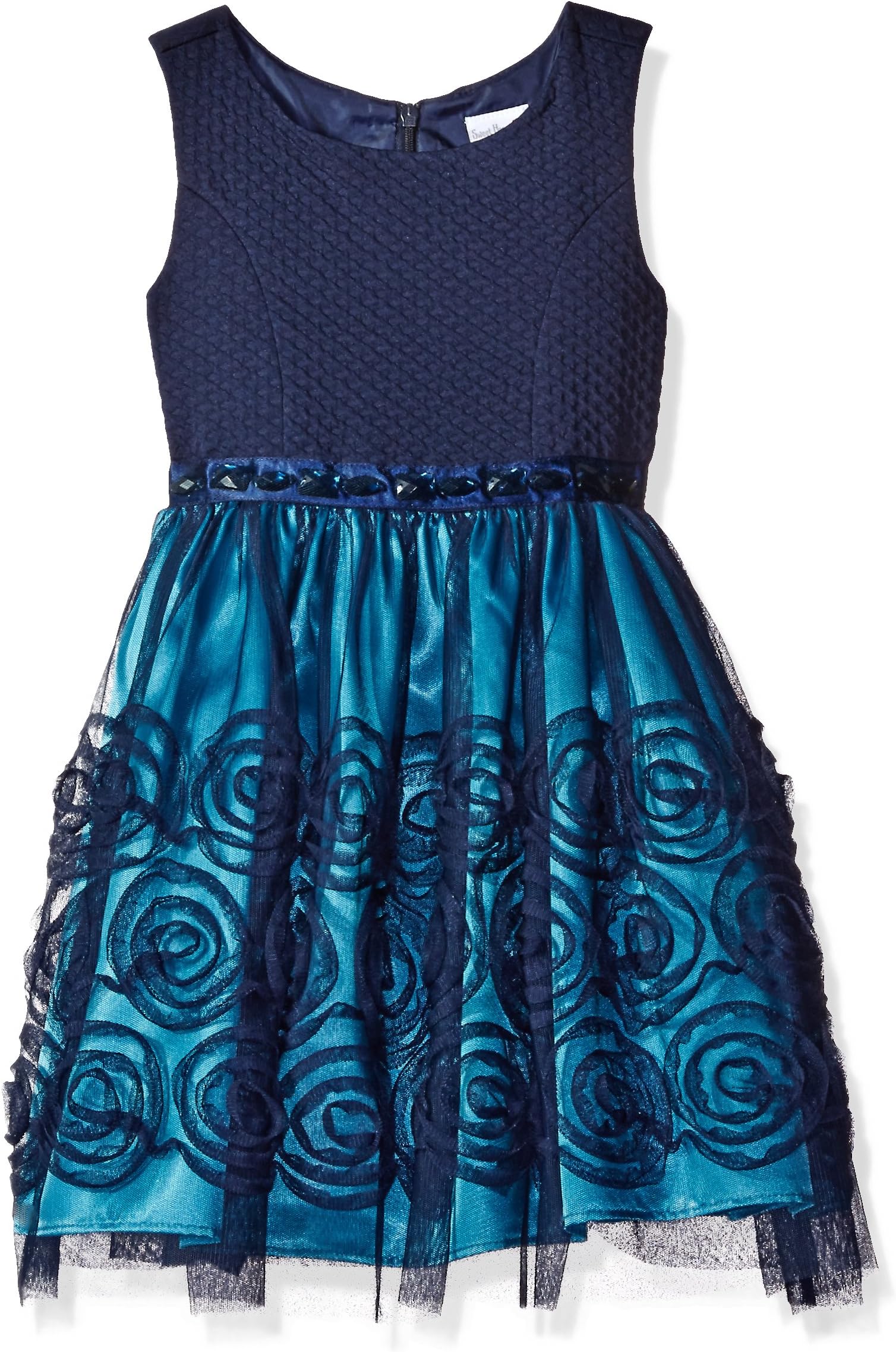Sweet Heart Rose Girls' Little Sleevless Knit to Mesh Dress with 3D Flower Details