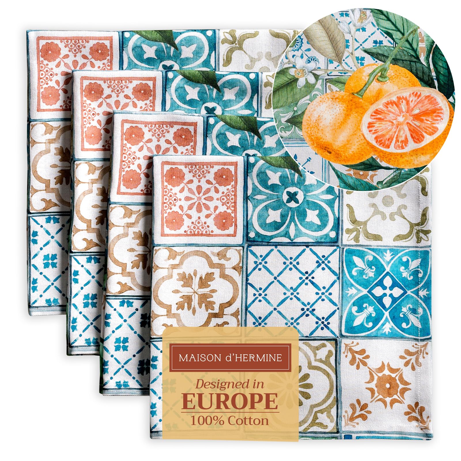 Maison d' Hermine Cloth Napkins Set of 4 100% Cotton Everyday Reusable Square Napkins Cloth Washable Dinner Party Wedding Restaurant Gifts for Mothers Day (Agrume, 45 CM x 45 CM)