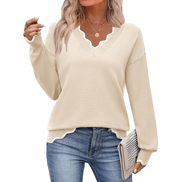 Women's Floral Pattern Scallop Trim Sweater, Oversized V