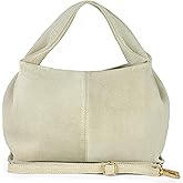 Italian Genuine Suede Shoulder Bag for Women with Sculpted Top Handle & Detachable Strap | Medium Designer Handbag (Beige)