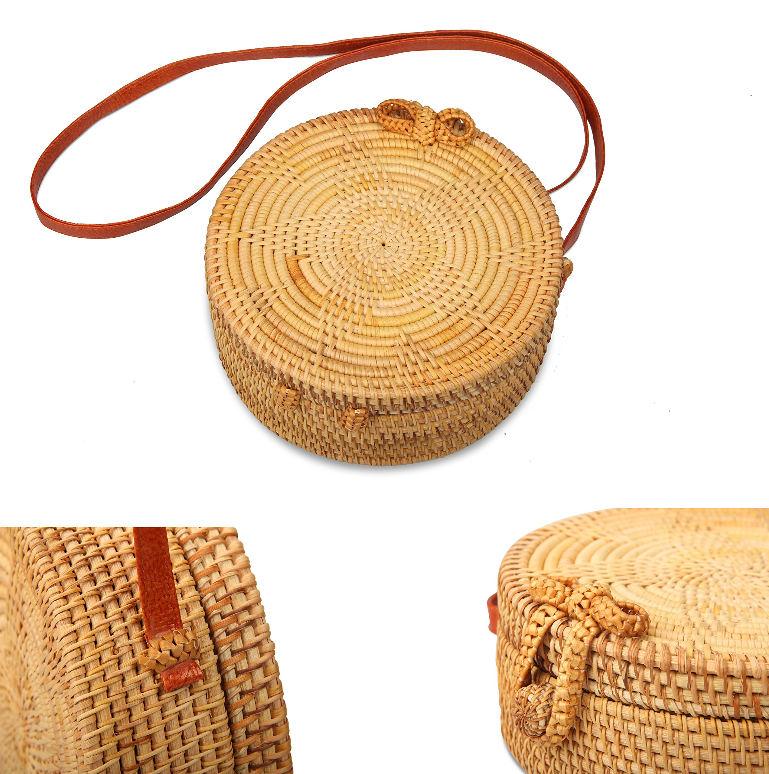 Partrisee Handmade Woven Rattan crossbody Bag Round Straw Tote Shoulder Leather Beach Gift Bag for Women-Star pattern