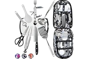 Wellmax 10-Piece Stainless Steel Camping Cooking Set – Compact All-in-One Cookware Kit with Utensils & Travel Bag for Campers, Hikers, Outdoor Adventures, Grey Camo Color