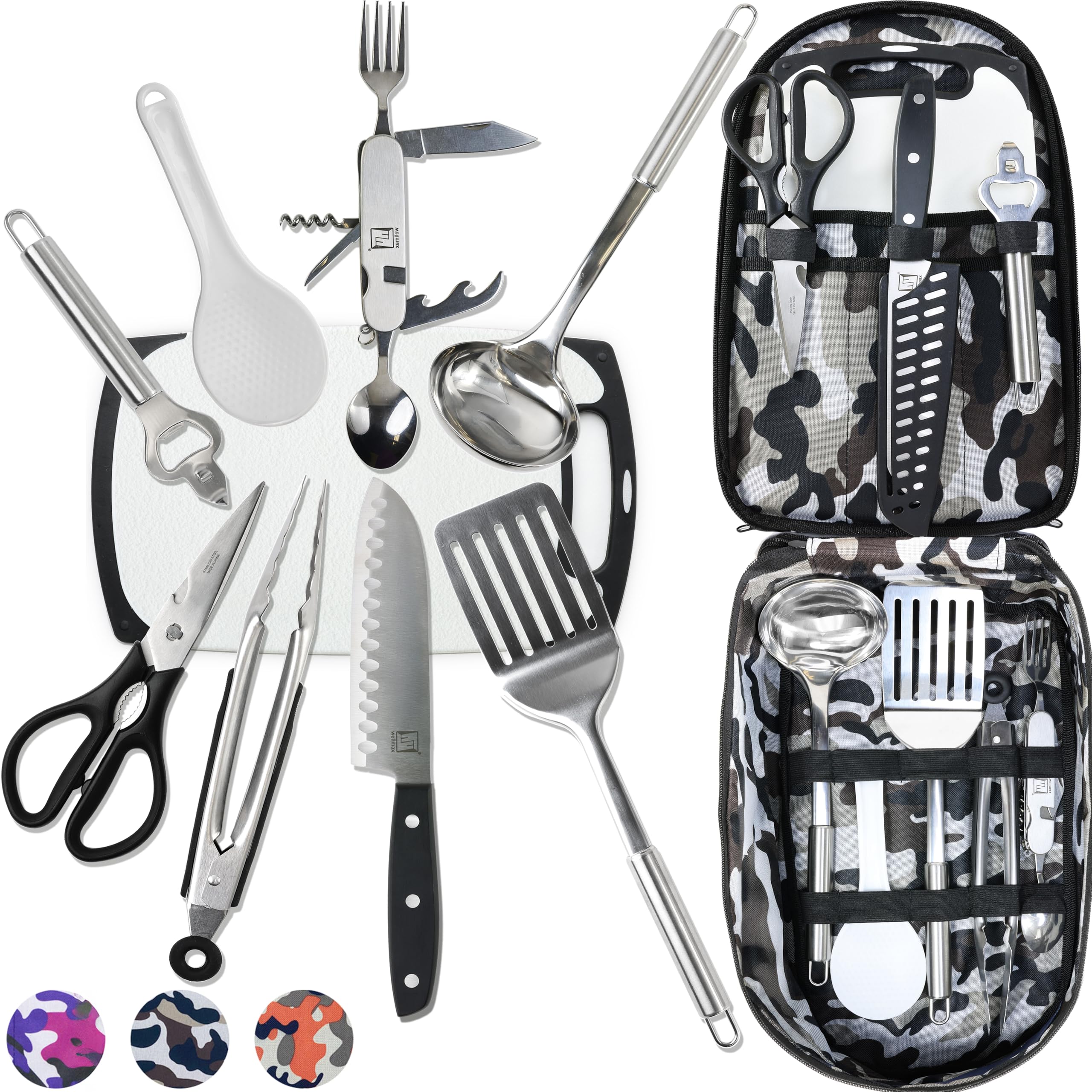 Photo 1 of Wellmax 10-Piece Stainless Steel Camping Cooking Set – Compact All-in-One Cookware Kit with Utensils & Travel Bag for Campers, Hikers, Outdoor Adventures, Grey Camo Color