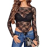 Avidlove Womens Mesh Tops Lace Long Sleeve Shirts Crewneck Slim Fitted Outfits See Through Blouses