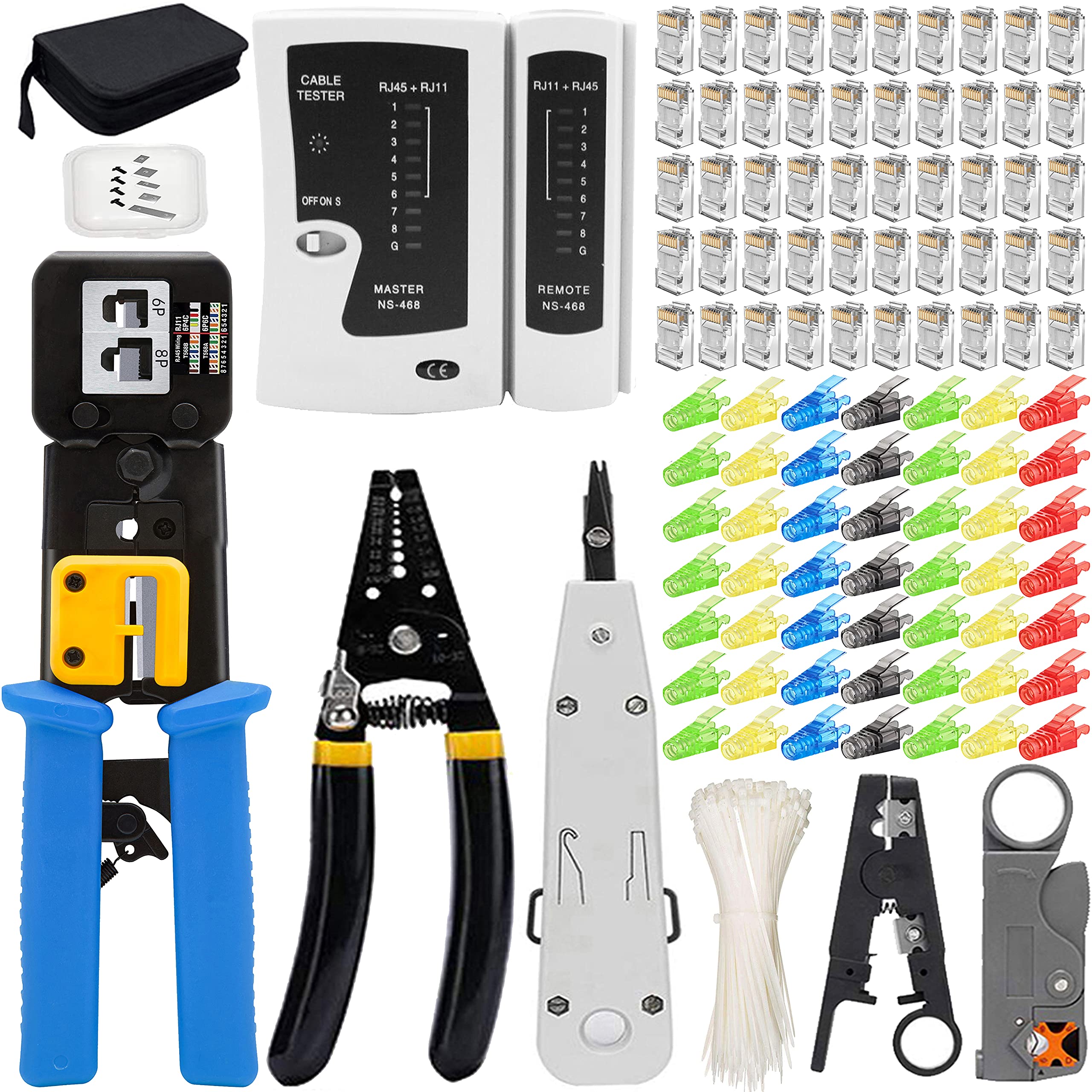 MAYLINE RJ45 Crimping Tool Kit, Cable Tester Crimper CAT5 CAT6 Crimp Punch Down Cutter Tool for RJ45/RJ12 Ethernet Connectors Covers with Network Wire Stripper (Blue)