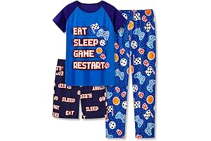 Beezizac Pajamas For Little Big Boys Cozy 3-Piece Soft Short Sleeves Shorts Set & Pants Cool PJ Kid Size 6-18