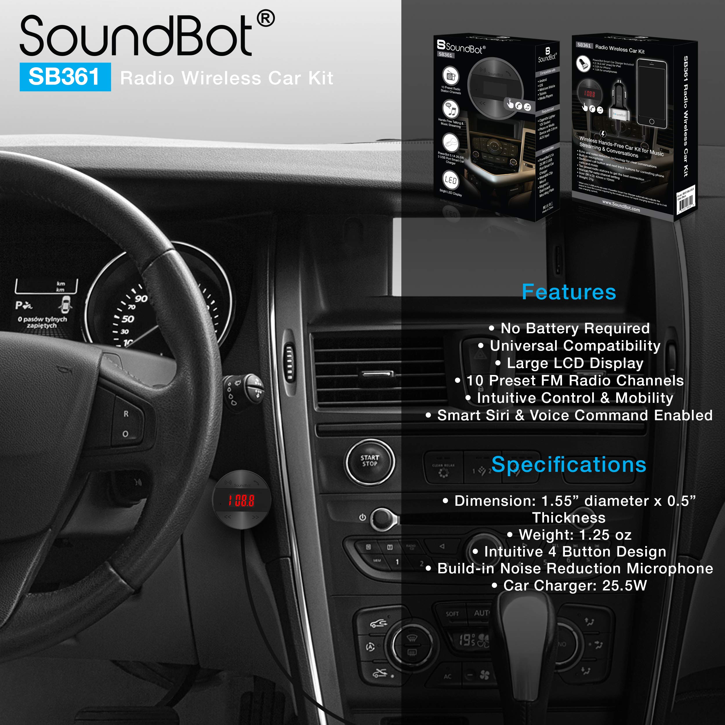 Soundbot SB361 FM Radio Wireless Car Kit Universal Receiver Transmitter Accessory Full Spectrum HD Music Streaming Hands Free Talking LED Display Voice Command Built-in Mic USB ChargerSB361-BLK/BLK