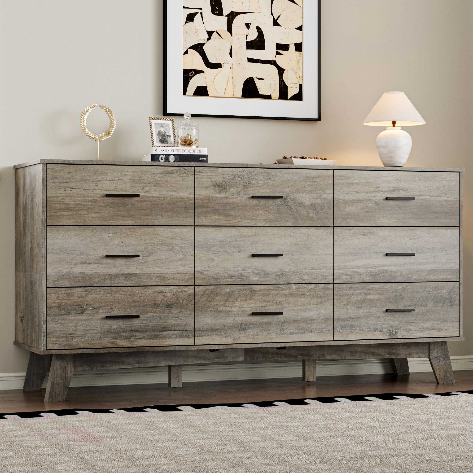BORNOON Dresser for Bedroom with 9-Drawer, 59" Wide Modern Chest of Drawers with Metal Handles, X-Shape Base & Adjustable Center Leg, Anti-Tip Closet Organizers and Storage