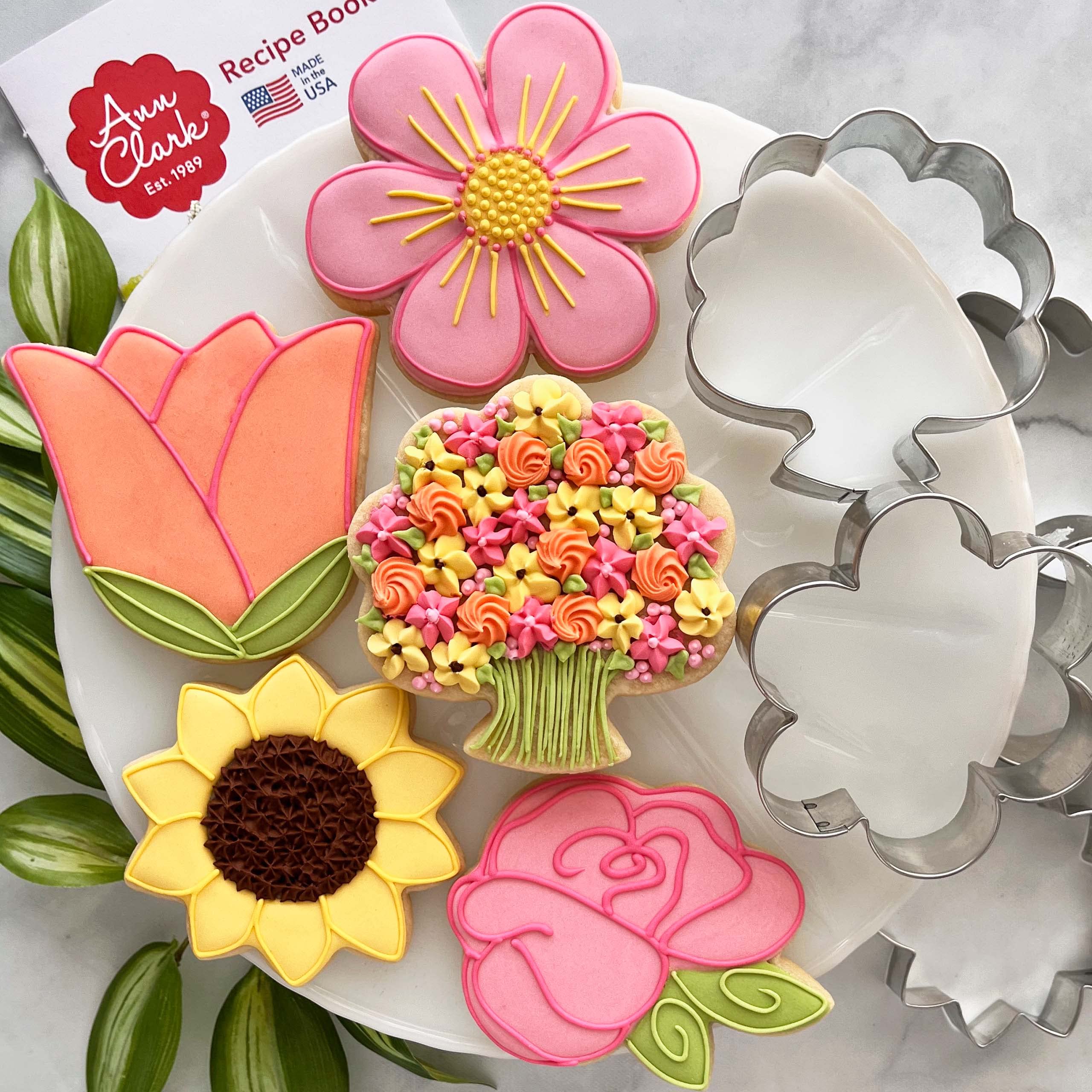 Mother's Day Spring Flowers Cookie Cutters 5-Pc. Set Made in the USA by Ann Clark, Flower, Rose, Sunflower, Tulip, Flower Bouquet