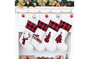 LUBOT Set of 4 Christmas Stocking(20inch) Silhouette Buffalo Red Plaid/Rustic/Farmhouse/Country Cotton Fireplace Hanging Xmas Stockings Decorations for Family Holiday Season Decor