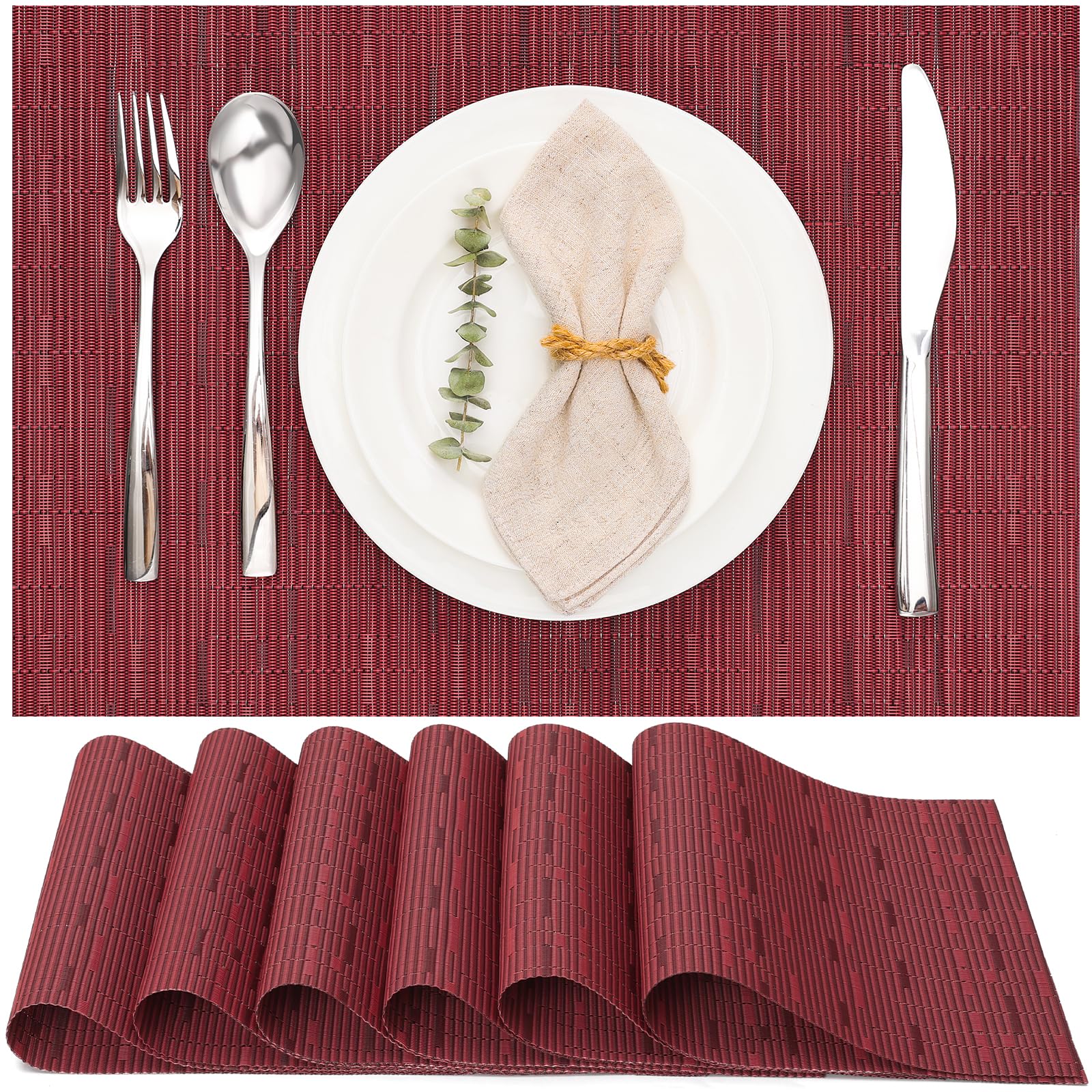 Myir JUN Table Mats Set of 6, Place Mats Table Placemats Washable Non-slip Heat Insulation Woven Vinyl for Kitchen Dinning Restaurant 17"X12" (Red)