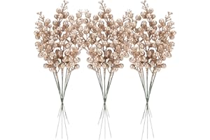 Sea Team 24-Pack Artificial Glitter Holly Berry Twig Ornaments, Decorative Fruit Sticks, Glittery Stems, Picks, Branches for Christmas Tree, Small Vase, Holiday, Wedding, Party (11", Champagne)