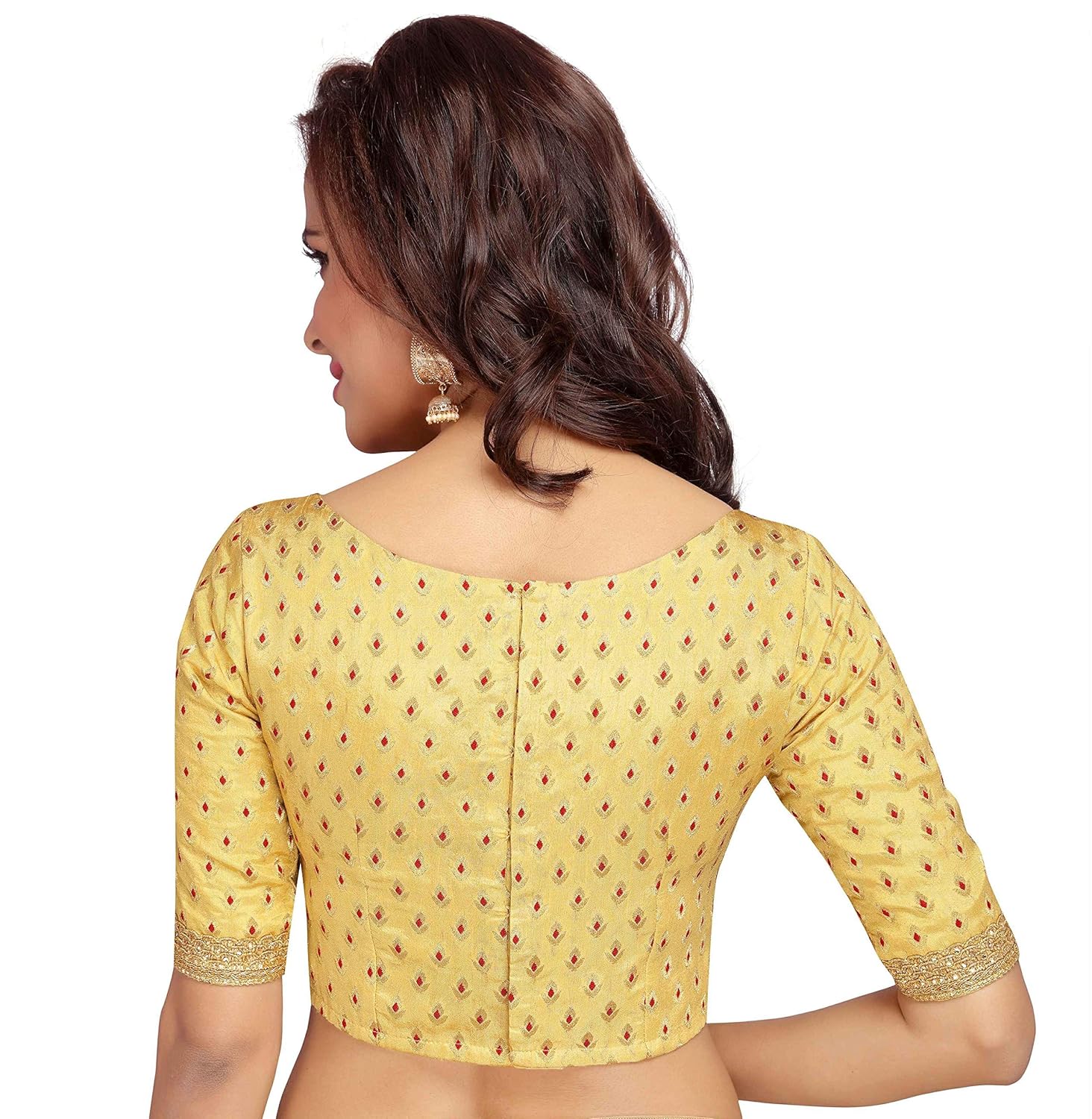 studio shringaar traditional golden meena brocade readymade saree blouse with elbow length sleeves