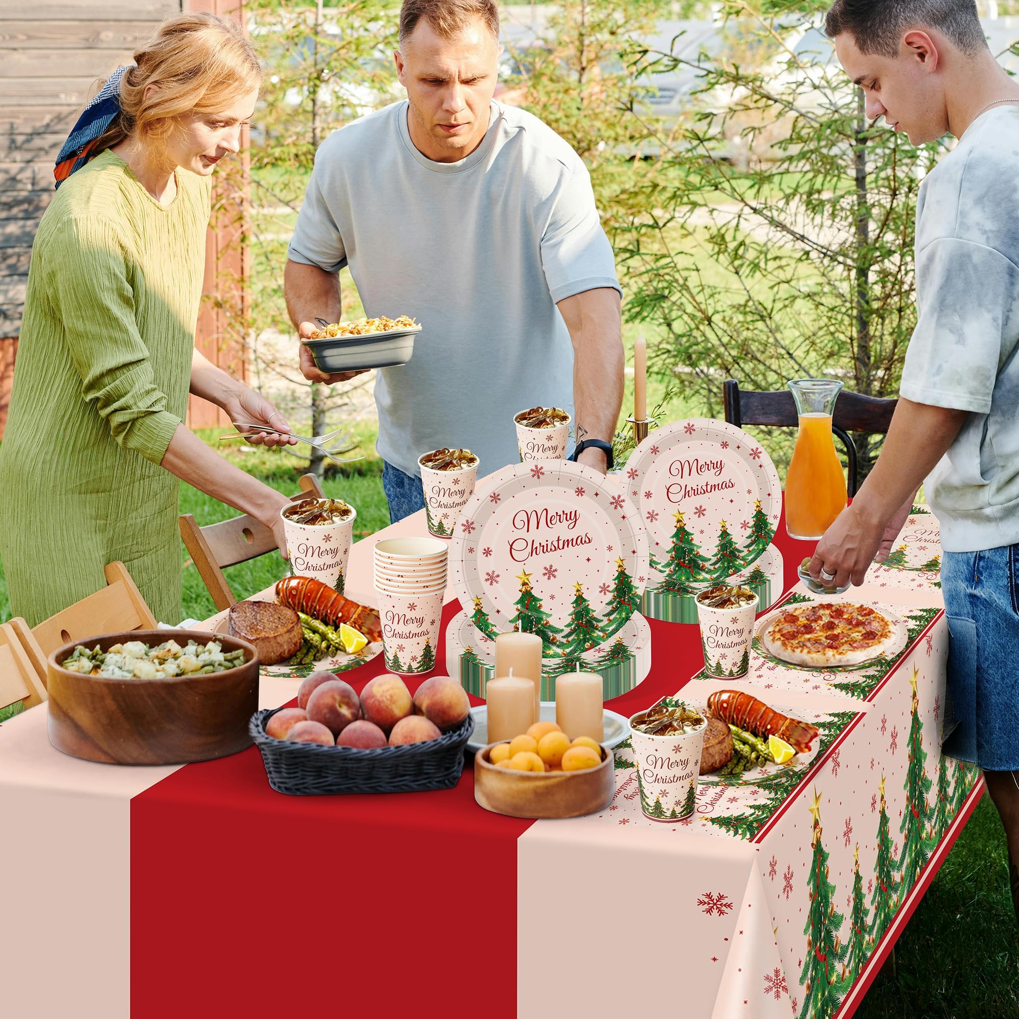 Childom Christmas Party Supplies,102 Pcs Xmas Tree Themed Party Set,Christmas Decoration Dinnerware Set,Disposable Tablecloths Plates Cups Napkins Xmas Tableware For Home,Dinner,Picnic,Holiday,Parties