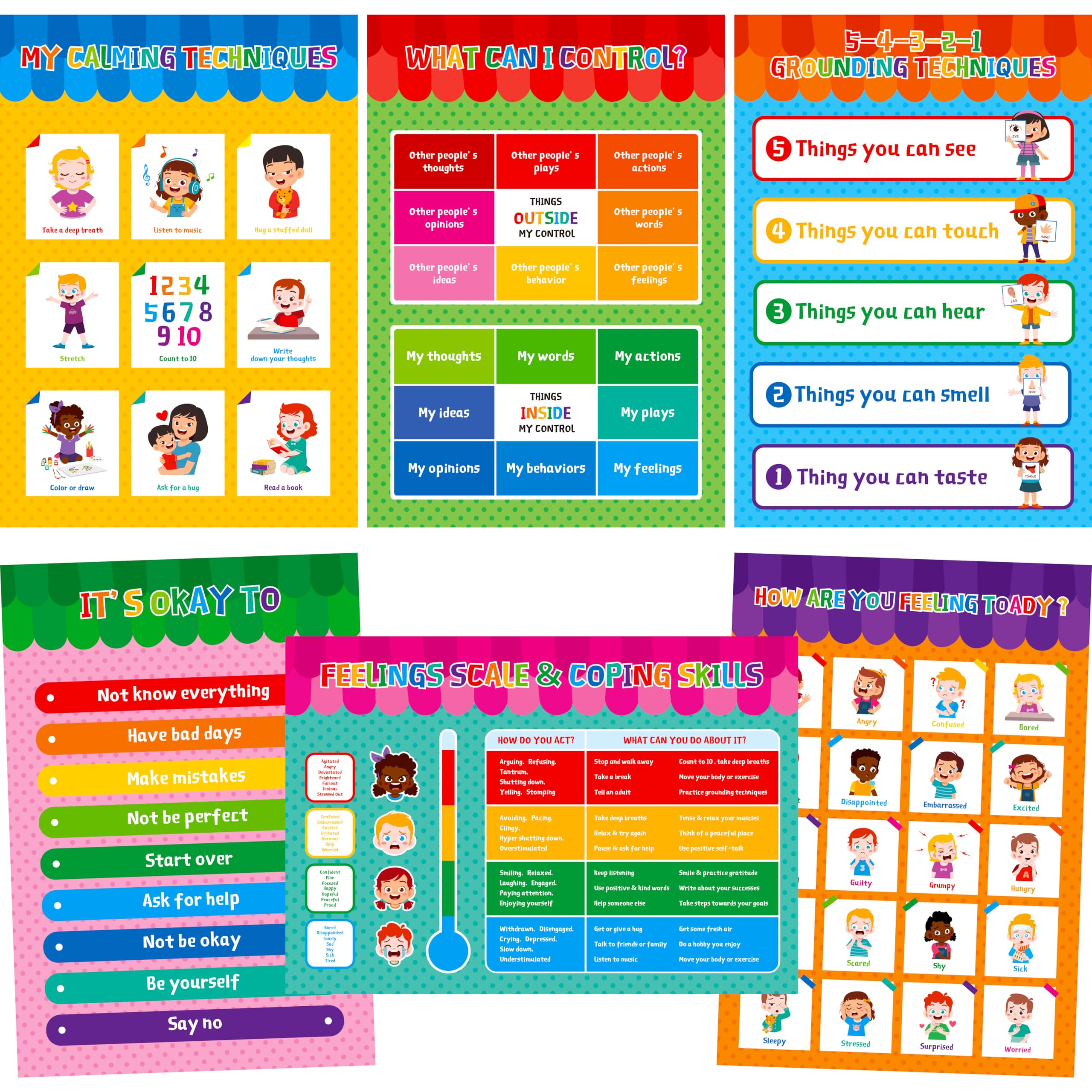 6 PCS Feelings Chart, Calming Corner Posters with PET Film Mental Health Therapy Posters Psychological Well-being Poster for Coping Mechanisms & Stress Management, Home Office Use (16” x 12”)