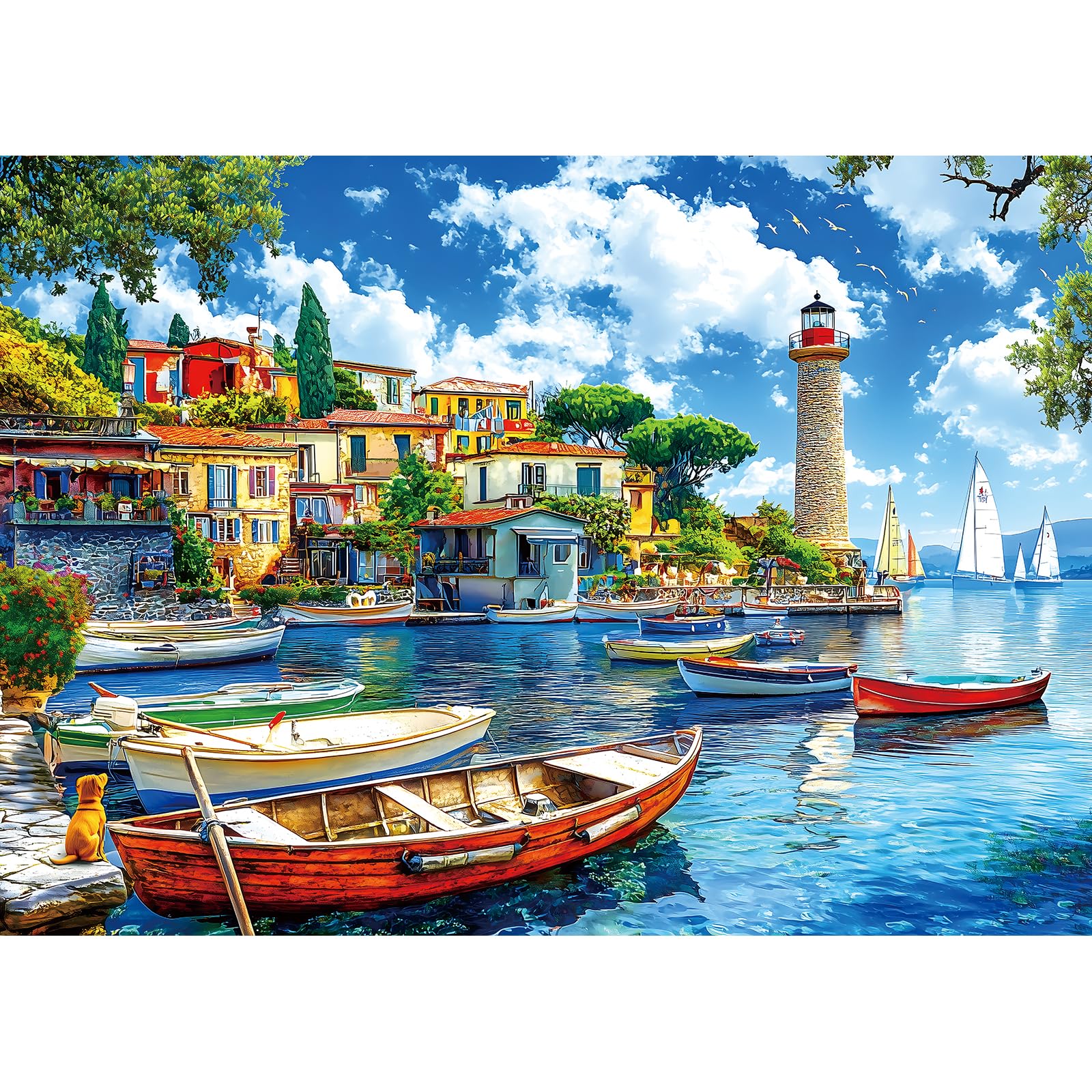 Photo 1 of 1000 Piece Jigsaw Puzzle for Adults Seaside Harbor Colorful Houses Lighthouse Sailboats Scene Beautiful Mediterranean Sea Landscape Challenging Coastal Village Puzzle for Adults Families27.6 x19.7
