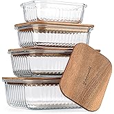 dokaworld Set of 4 Stackable Space-Saving Nesting Glass Bowls with Airtight Acacia Lids for Lunch, Meal & Food Prep - Microwave & Oven-ready BPA Free Durable Heat Resistant Inert Borosilicate Glass