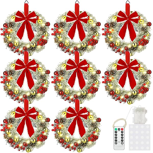 CEENNA 8 PCS LIGHTED CHRISTMAS WREATH 14 INCH PRE LIT ARTIFICIAL CHRISTMAS WREATH WITH BATTERY OPERATED LED LIGHT AND TIMER FOR XMAS FRONT DOOR OUTDOOR WINDOW HOLIDAY PARTY DECOR(RED BOW)