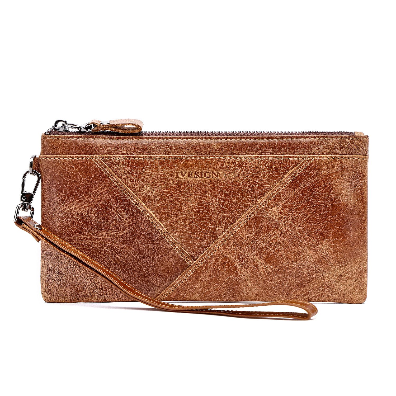 IVESIGN Zipper Wallet RFID Blocking Credit Card Holder Genuine Leather With Wristlet