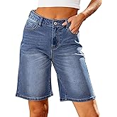 luvamia Bermuda Jean Shorts for Women High Waisted Trendy Stretchy Denim Shorts Knee Length Cutoff Loose Fit Long Shorts
