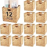 Jinei 12 Pcs Wicker Storage Basket Bulk 12 x 12 x 12 Inch Handwoven Water Hyacinth Cube Bin with Handles Woven Laundry for Organizer Shelves Wood Color