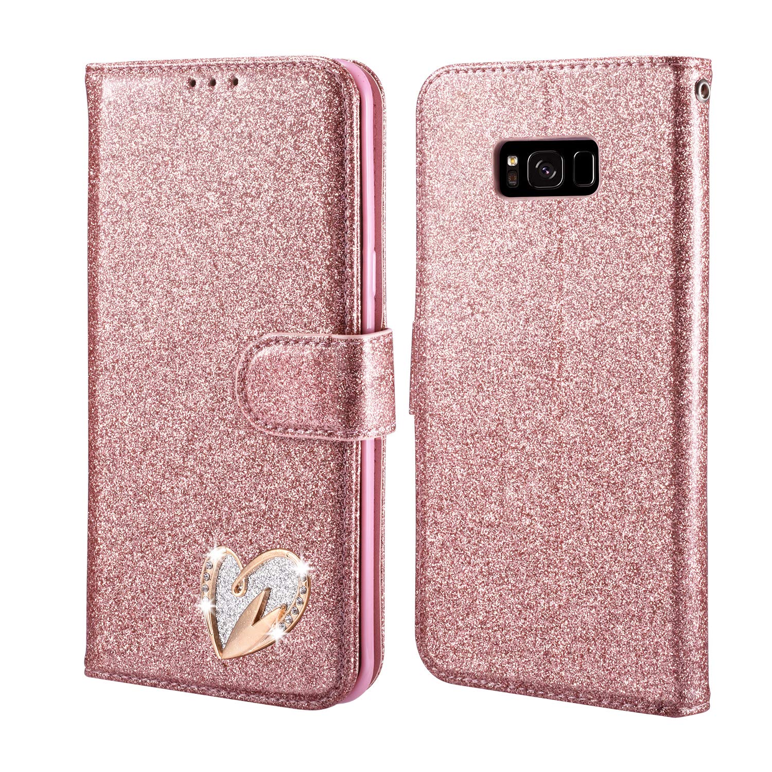 QLTYPRI Glitter Case for Samsung Galaxy S8 Plus, Premium PU Leather TPU Bumper Card Holder Kickstand Wrist Strap Inlaid Loving Heart Diamond Design Flip Wallet Case for Galaxy S8 Plus - Rose Gold