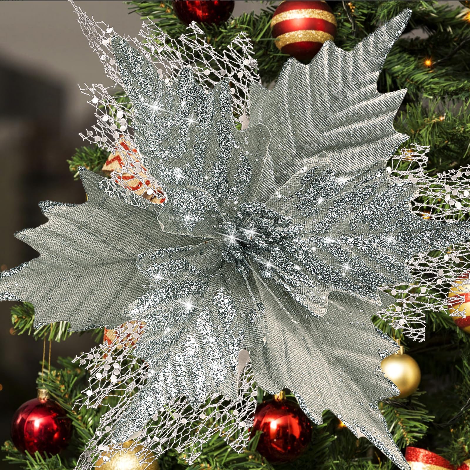 Photo 1 of 10'' Large Christmas Glitter Poinsettia Flowers Decorations, stadeco 10 Pcs Christmas Tree Picks Ornaments Artificial Flowers with Long Stems for Xmas Tree Wreath Garland Wedding Party DIY Decor