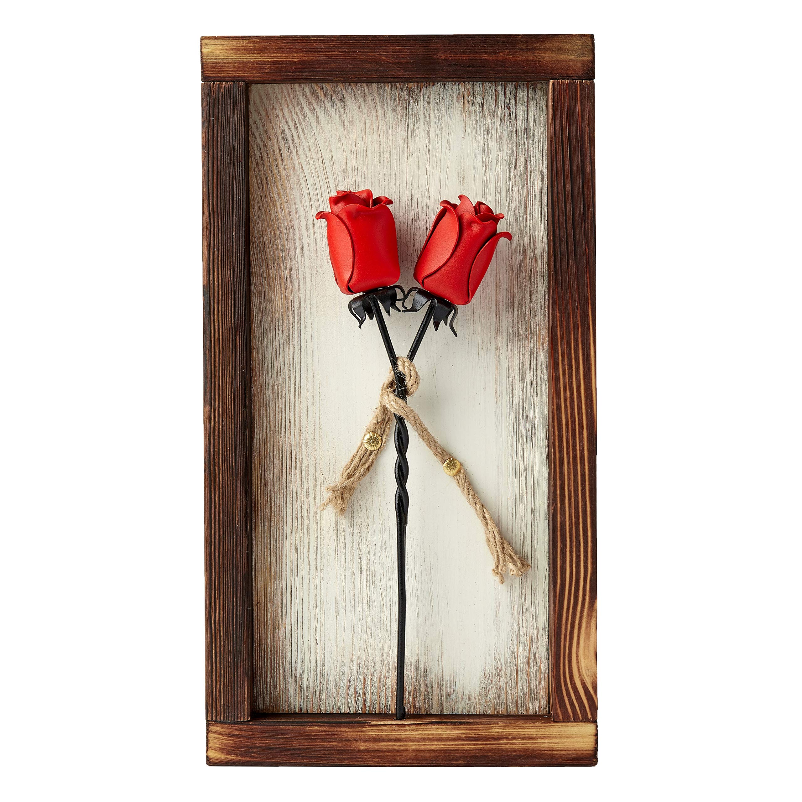 IK Style Set Of 2 Forged Iron Roses Twisted Together Forever - Placed In Wall Mountable Frame Creating 3D Effect - Will Suit Any Anniversary For Her