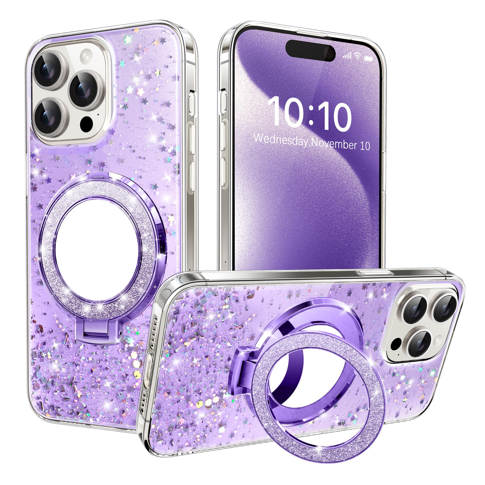 IMIRST Glitter Case for iPhone 14 Pro Max (6.7'') Sparkle Soft Drip Plating Cosmetic Mirror Pouch with Big Ring Holder Stand Girly Women Gradient Phone Cover for Apple iPhone 14 Pro Max. DJ Purple