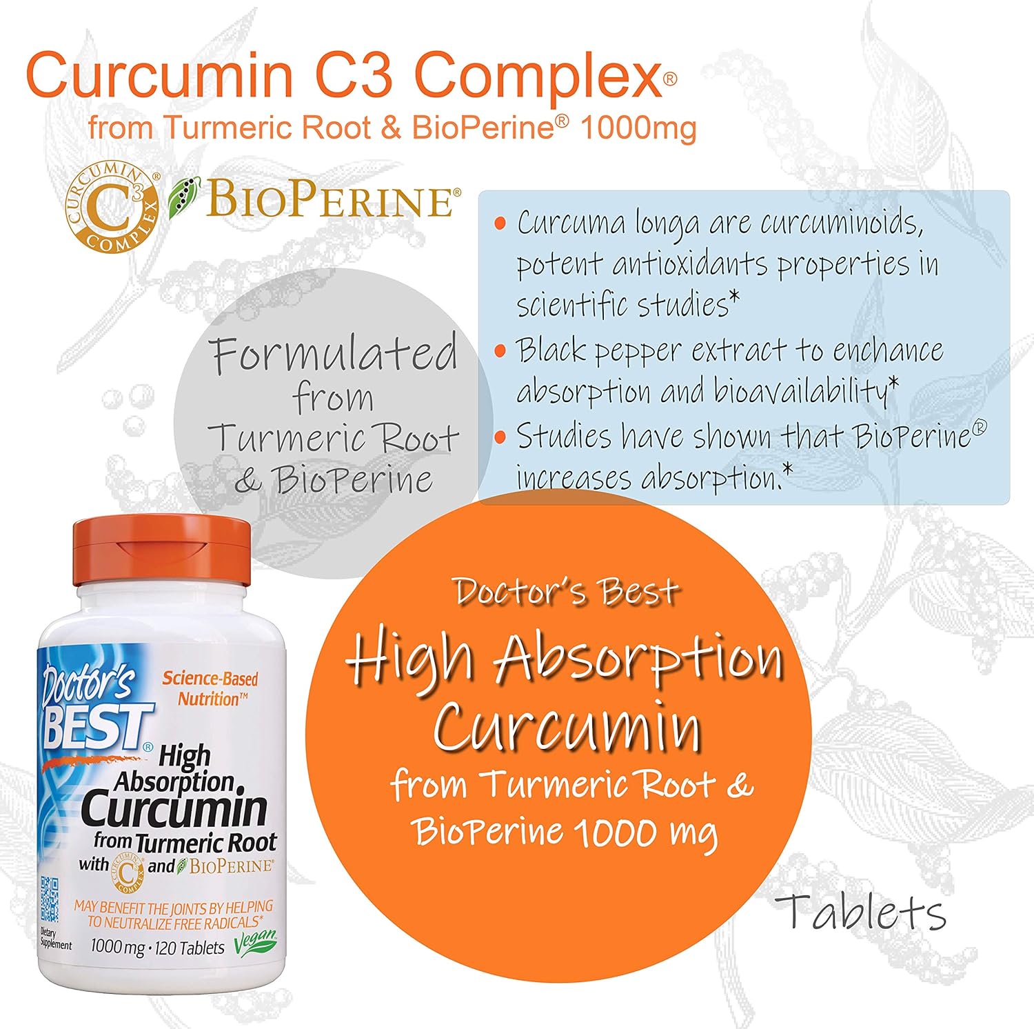 Doctor's Best Curcumin From Turmeric Root with C3 Complex & BioPerine, Non-GMO, Gluten Free, Soy Free, Joint Support, 1000 mg, 120 Tablets: Health & Personal Care