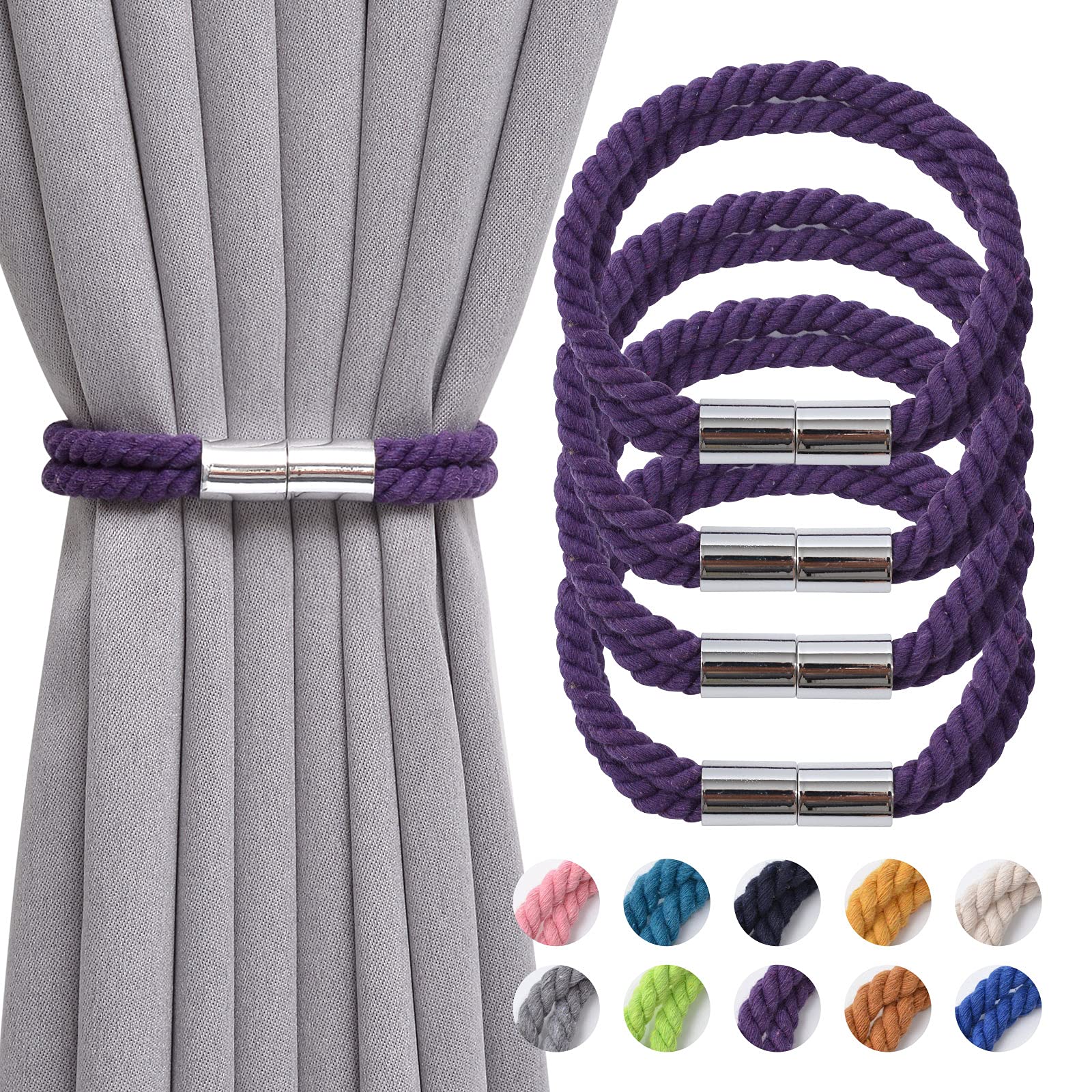 Pretty Jolly 4 Pack Strong Magnetic Curtain Tiebacks Boho Decoration Drape Tie Backs Natural Cotton Handmade Double Rope Curtain Holdbacks for Thin or Thick Home & Office Window Drapery (Purple) — image 1