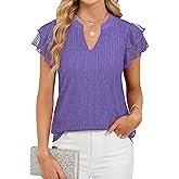 YZEGGO Women's Summer Puff Short Sleeve V Neck Dressy Blouses Shirts Double Layers Casual Loose Fit Mesh Flowy Tunic Tops