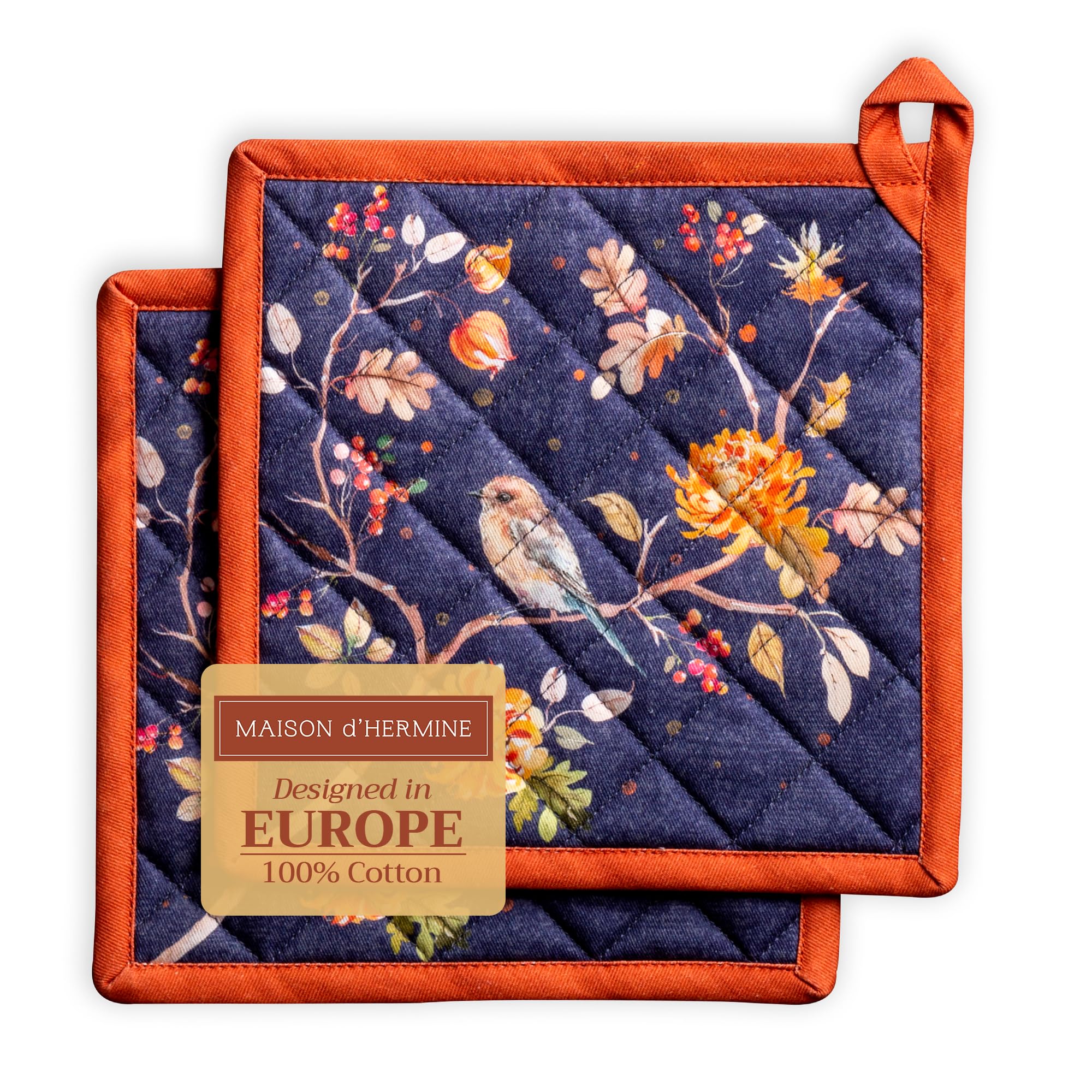 Maison d' Hermine Pot Holders Set 100% Cotton Heat Resistant Potholders 20 cm x 20 cm Hot Pads with Loop for Christmas Decorations BBQ Cooking Baking Handling Hot Pans (Pack of 2, Kelim - Infinity)