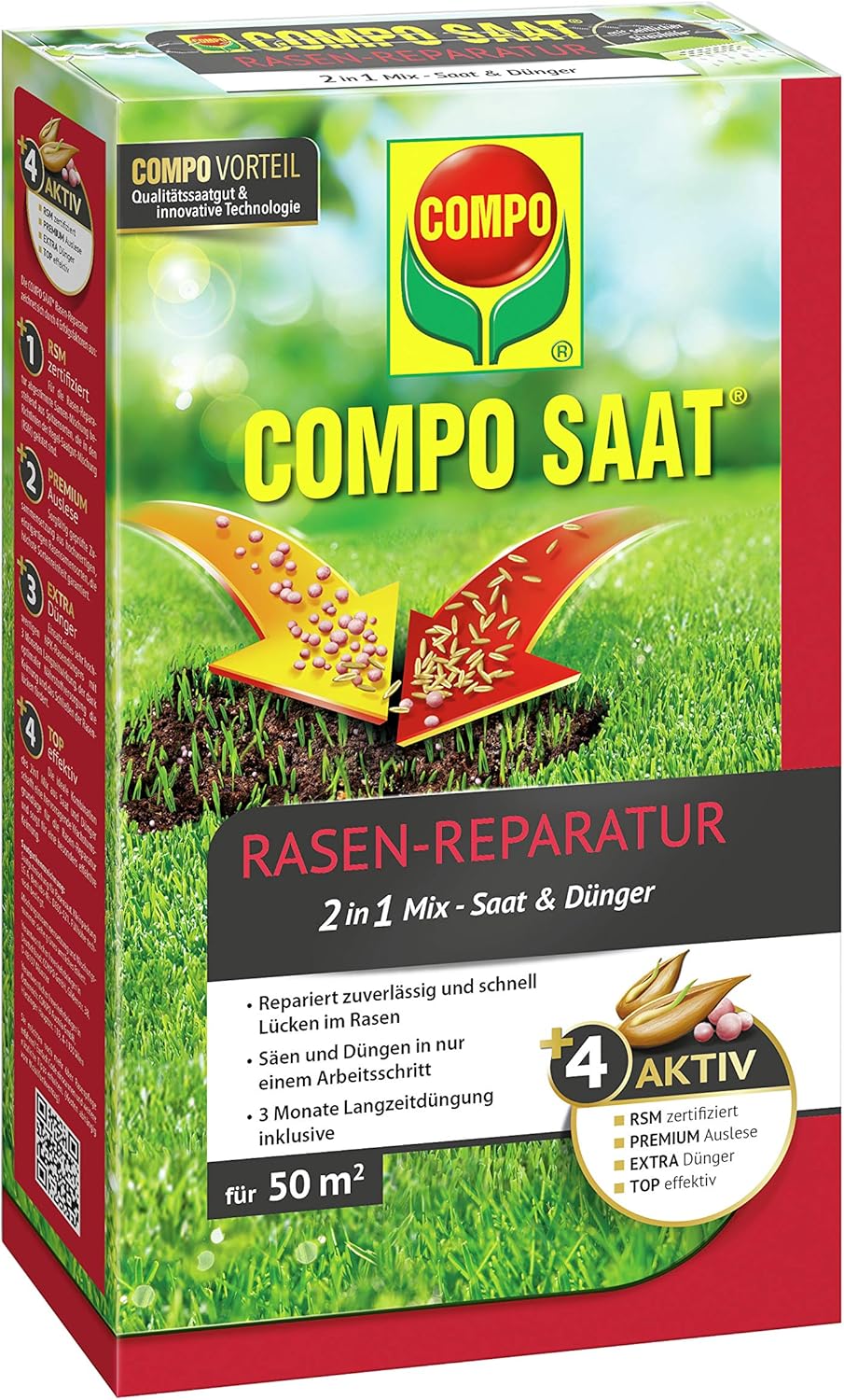 Compo SAAT Rasen-Reparatur-Mix, Mischung aus Rasensamen und Rasendünger mit 3 Monate Langzeitwirkung, 1,2 kg, 50 m²