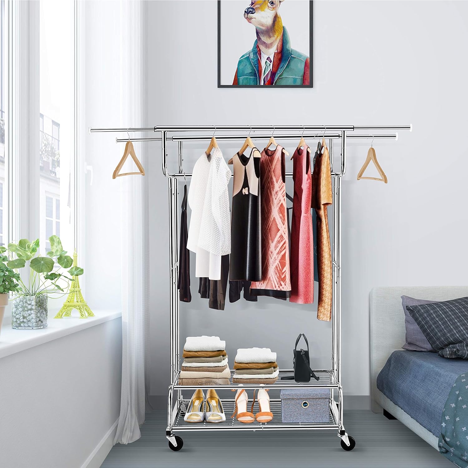 Simple Trending Double Rail Clothes Garment Rack, Heavy Duty Commercial Grade Clothing Rolling Rack on Wheels and Bottom Shelves, Holds up to 300 lbs, Chrome: Home Improvement