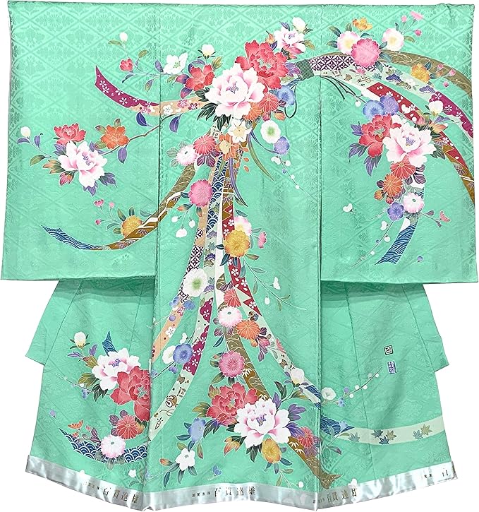 Amazon Co Jp 京都室町st お宮参り 着物 女の子 正絹 加賀友禅 手描き 赤ちゃんのお祝い着 初着 産着 ミント系 牡丹に熨斗 Tnug130 服 ファッション小物