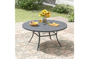 ARKOST 53" Patio Dining Table for 8, Round Outdoor Metal Dining Table with Umbrella Hole for Lawn Garden Backyard, Dark Grey